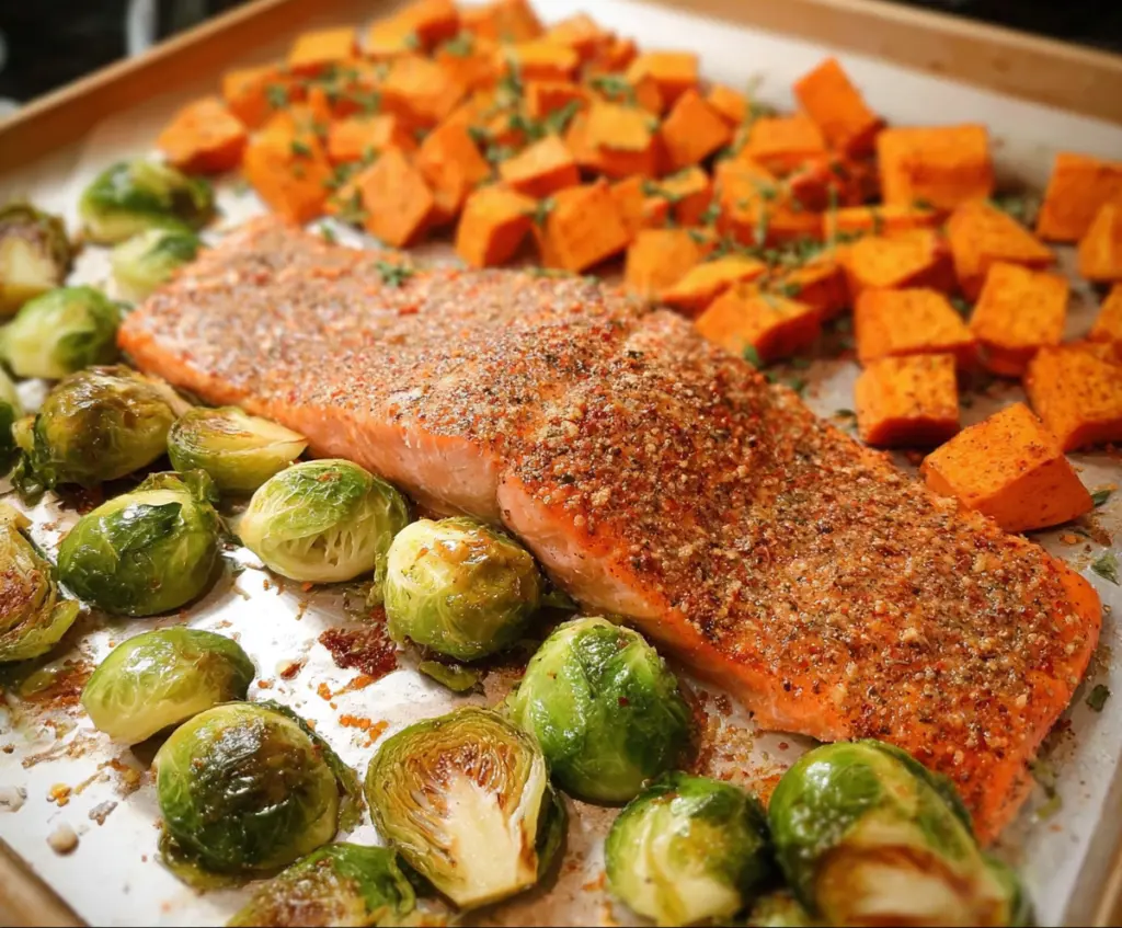 Sheet Pan Salmon With Brussels Sprouts and Sweet Potatoes