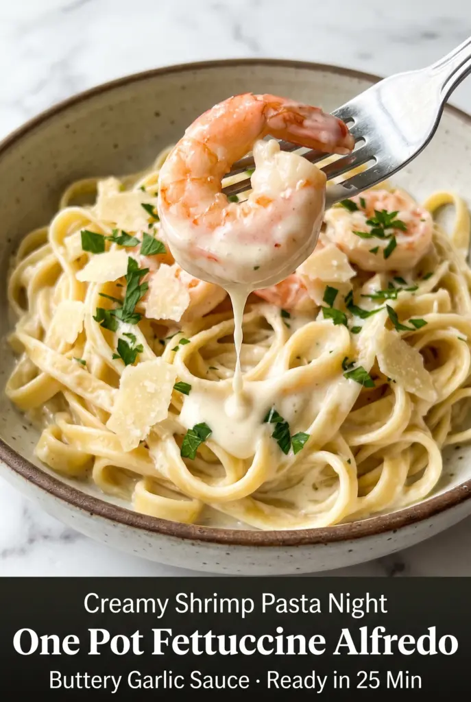 One Pot Shrimp Fettuccine Alfredo