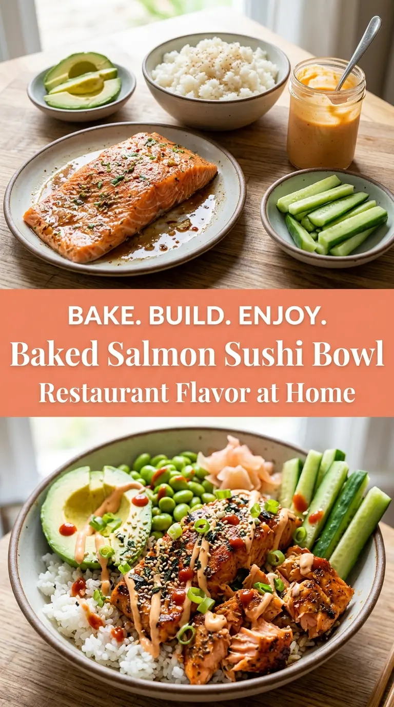 Baked Salmon Sushi Bowl creamy spicy, fresh, savory
