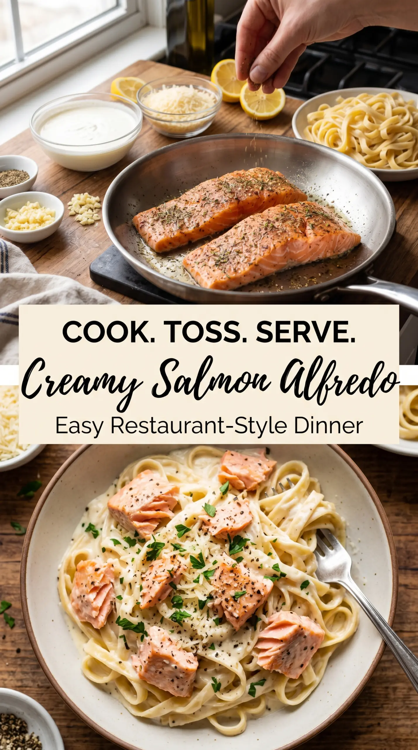 Creamy Salmon Alfredo flaky Parmesan pasta