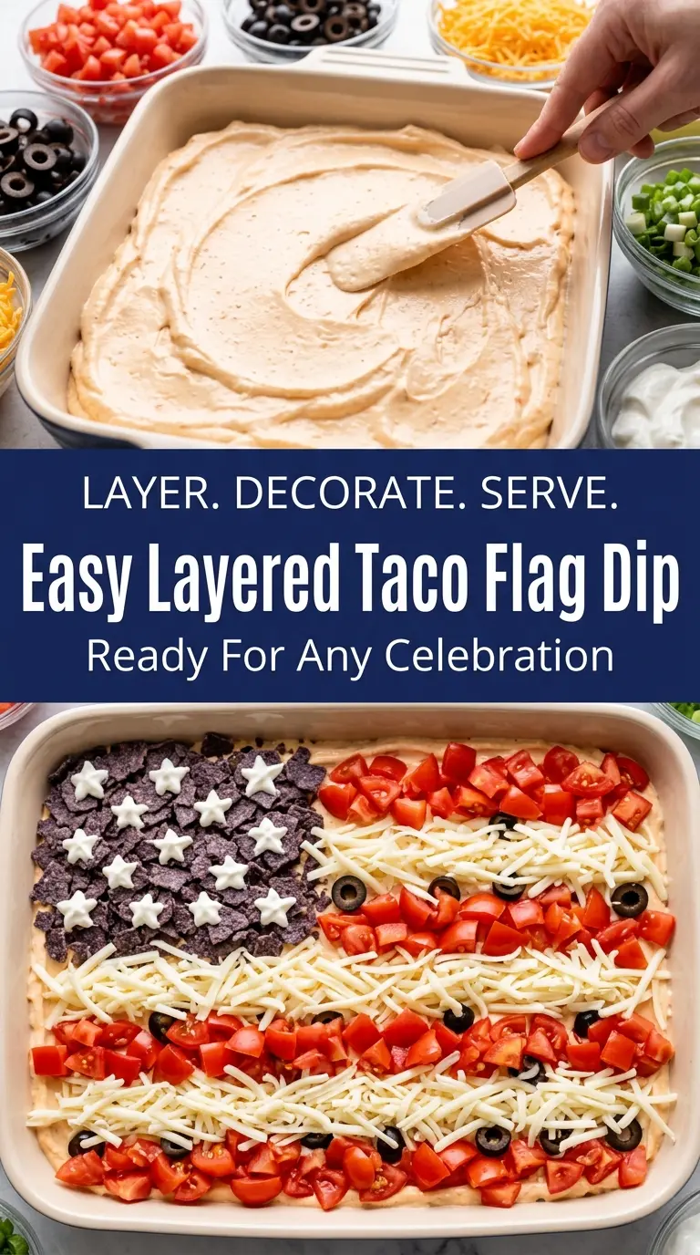 Easy Layered Taco Flag Dip festive creamy colorful