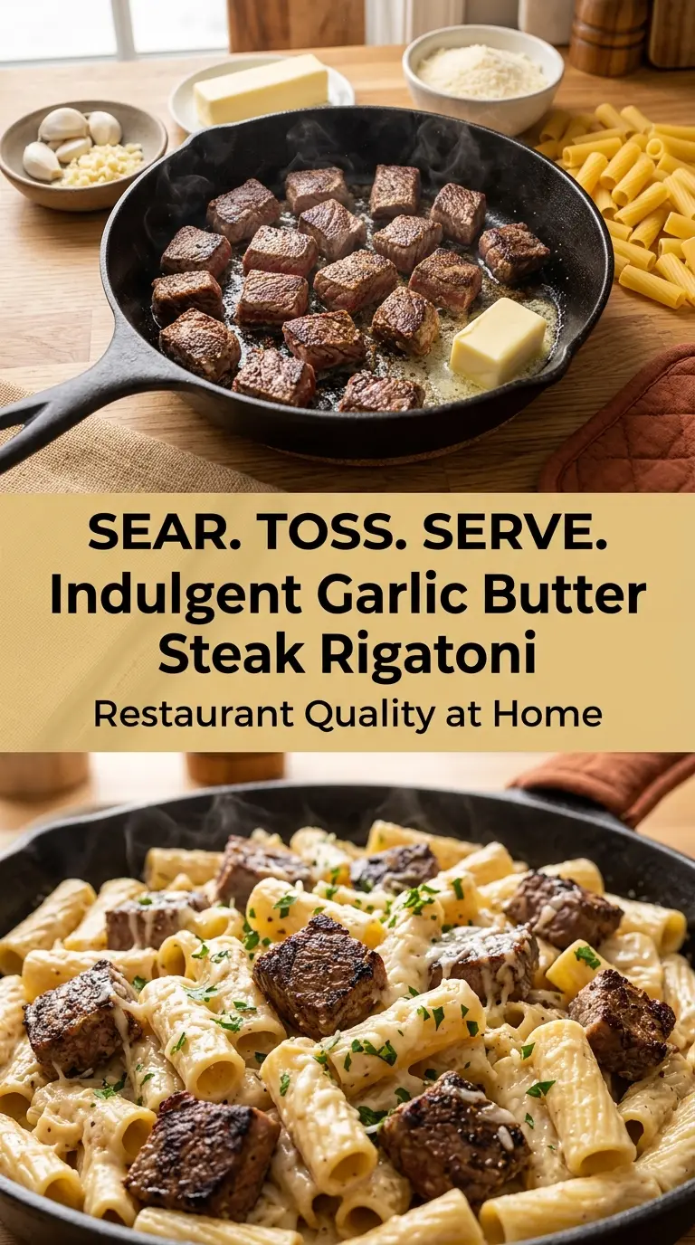 Indulgent Garlic Butter Steak Rigatoni creamy garlicky pasta