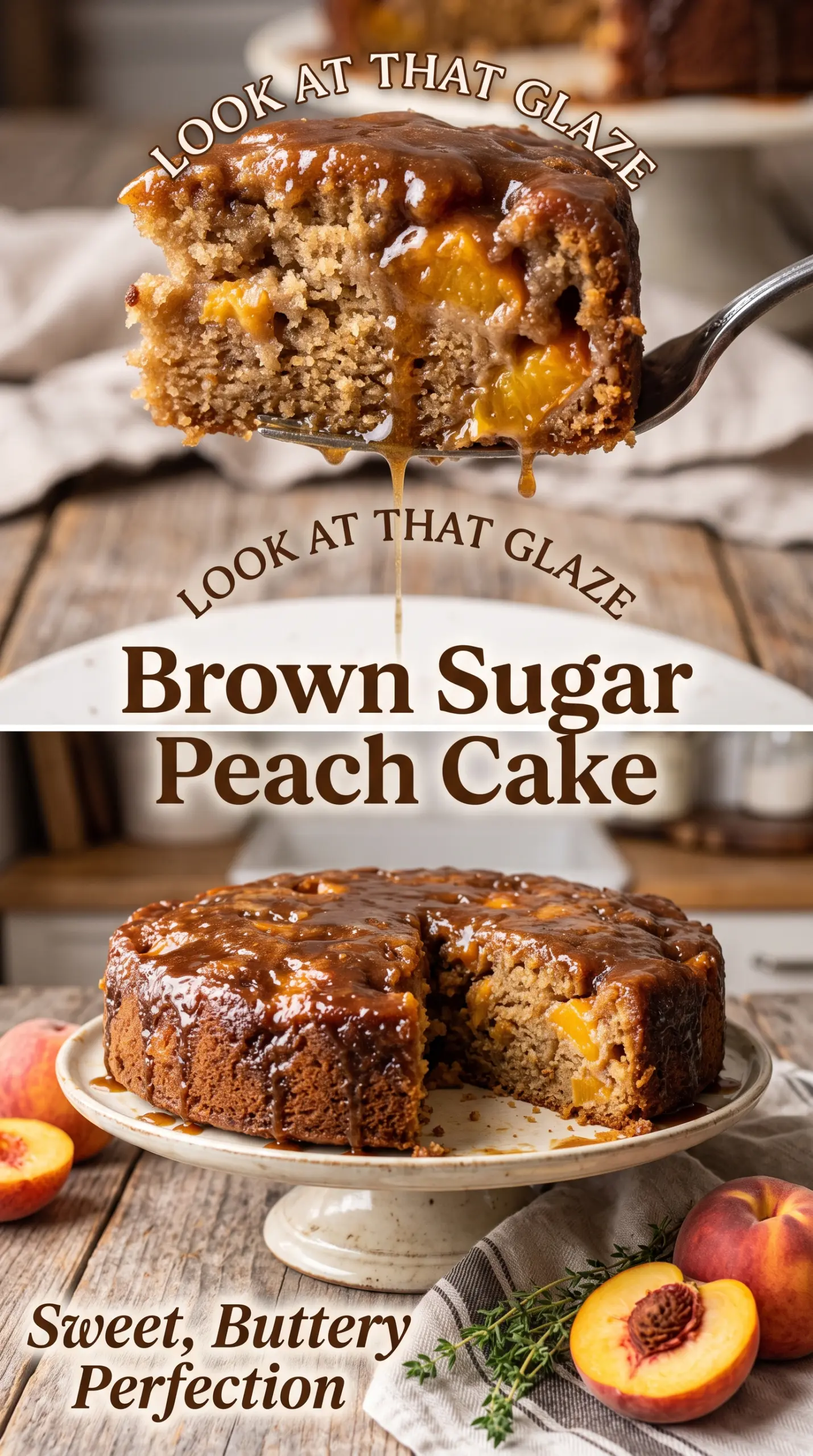 Brown Sugar Peach Cake soft crumb glazed