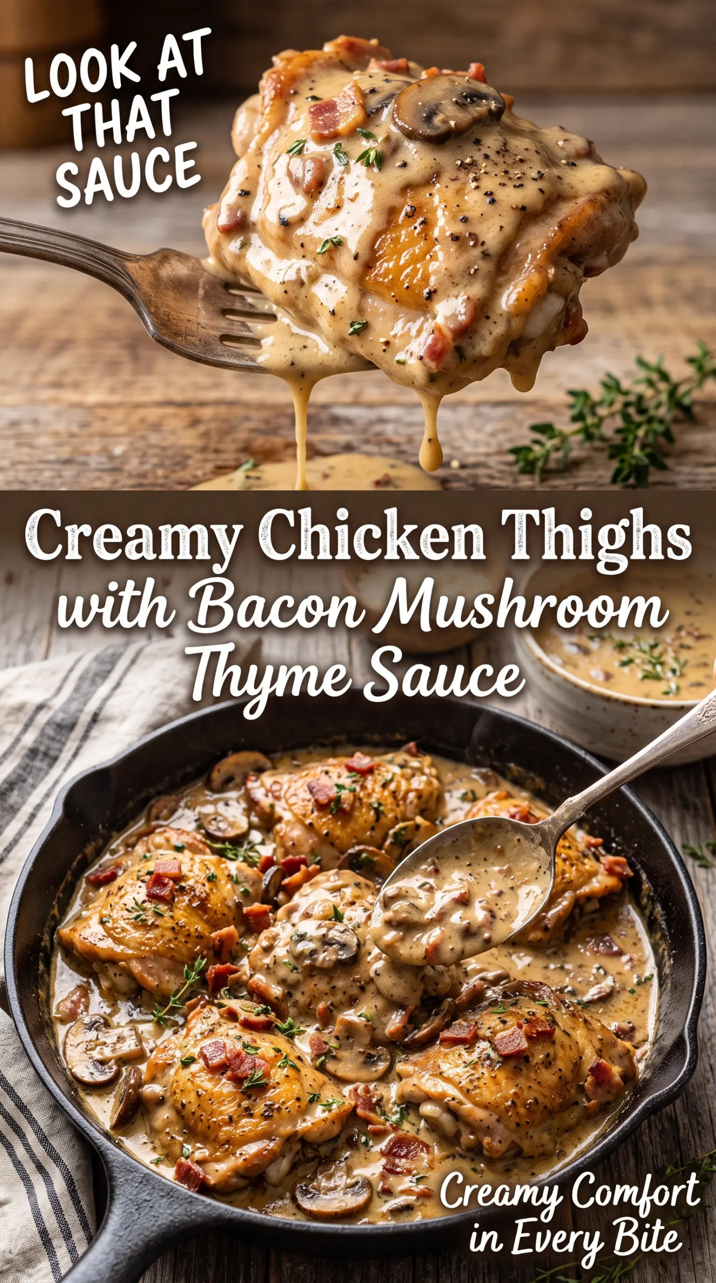Creamy Chicken Thighs with Bacon Mushroom Thyme Sauce creamy savory skillet