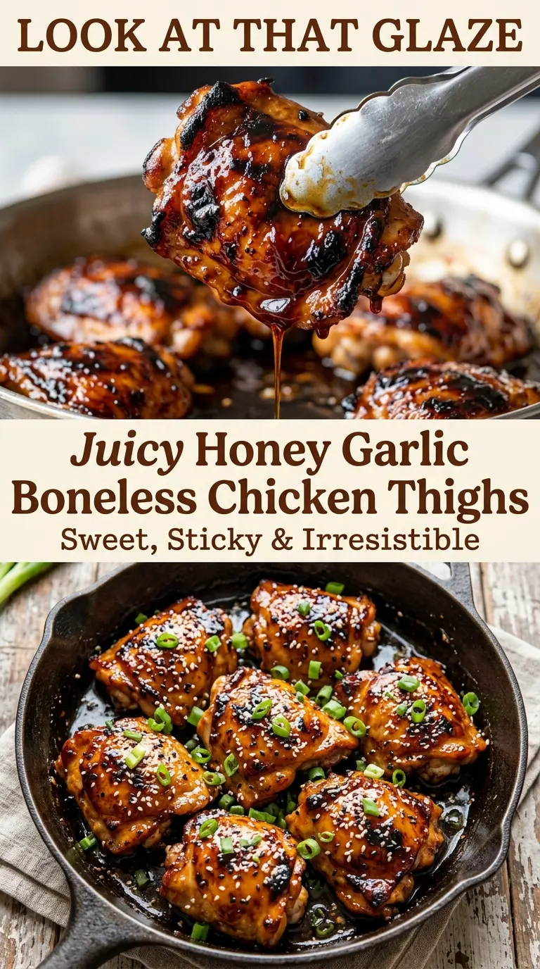 Juicy Honey Garlic Boneless Chicken Thighs sticky skillet dinner