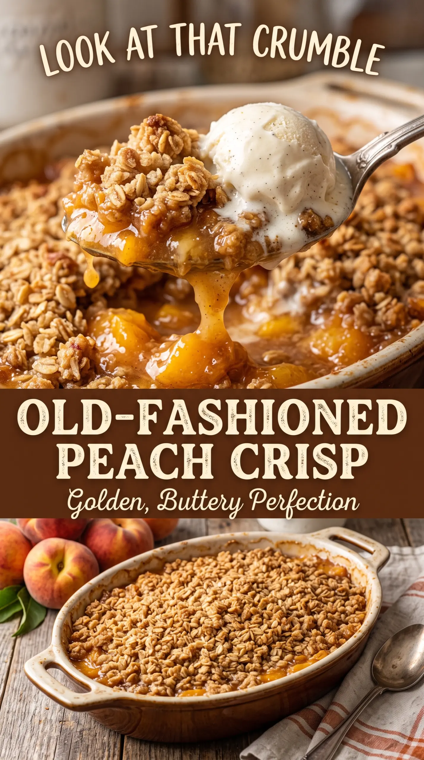 Old-Fashioned Peach Crisp, buttery oat crumble, juicy peaches