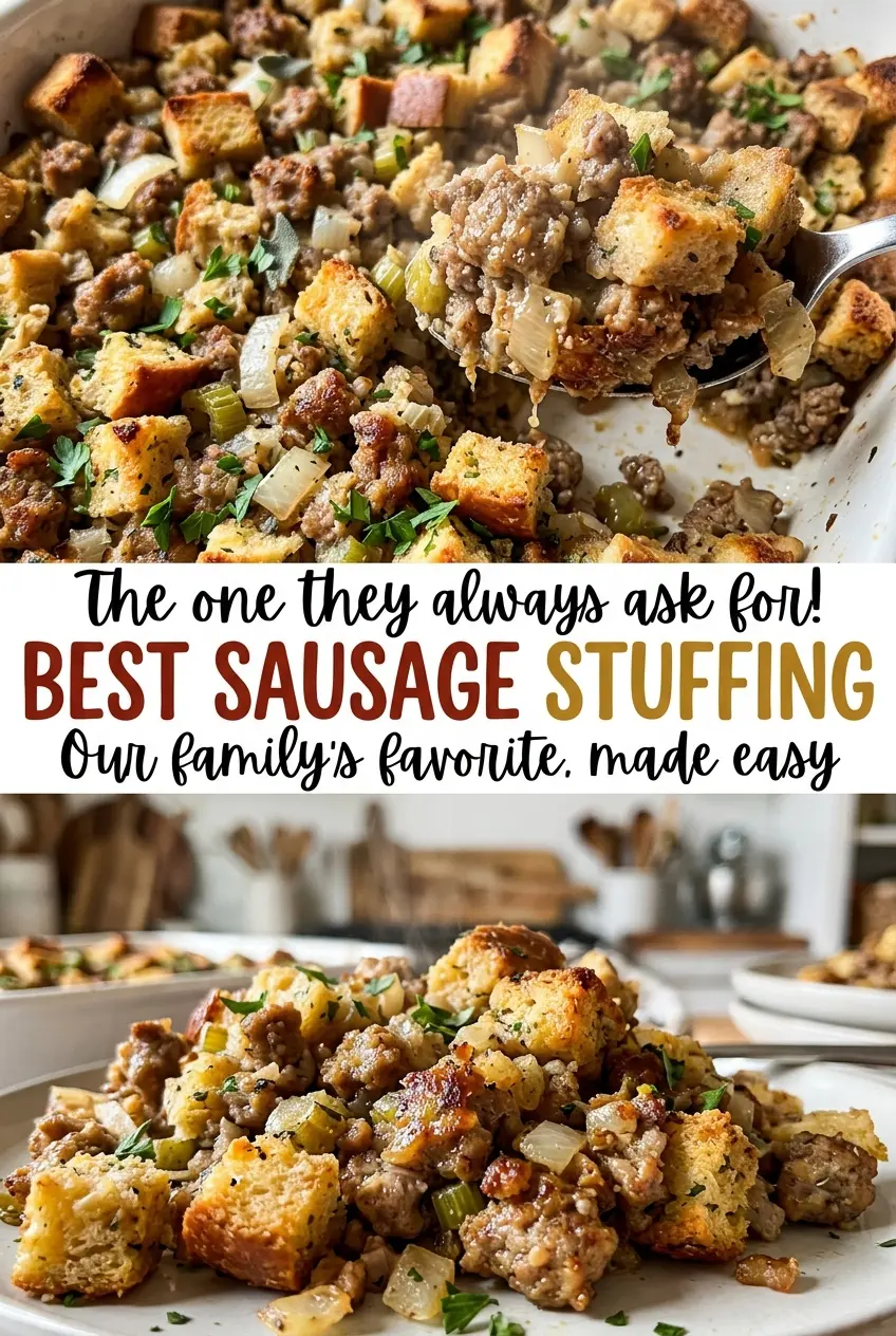 Best Sausage Stuffing with golden, crisp top