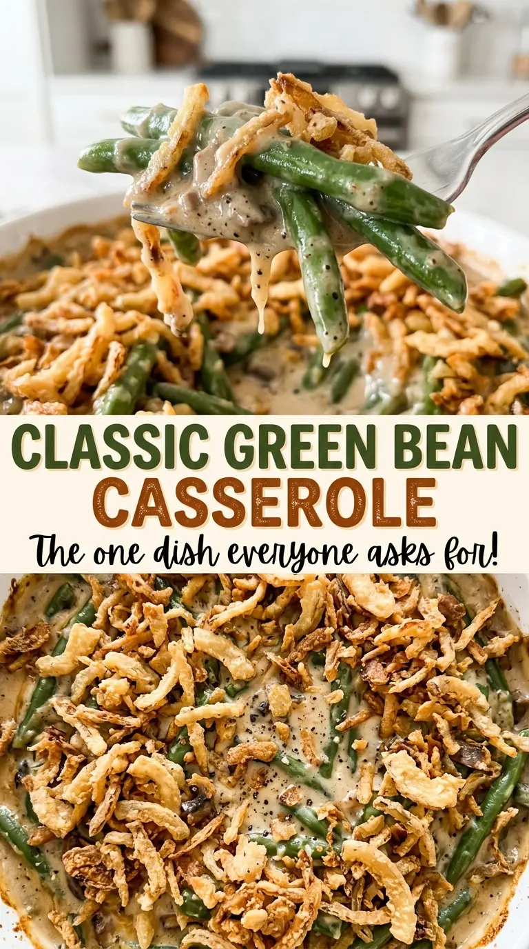 Classic Green Bean Casserole bubbling with crisp topping