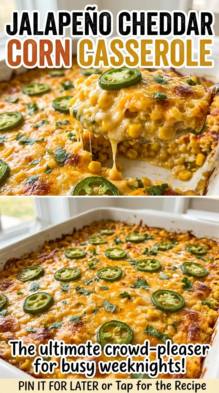 Jalapeño Cheddar Corn Casserole with tender corn center