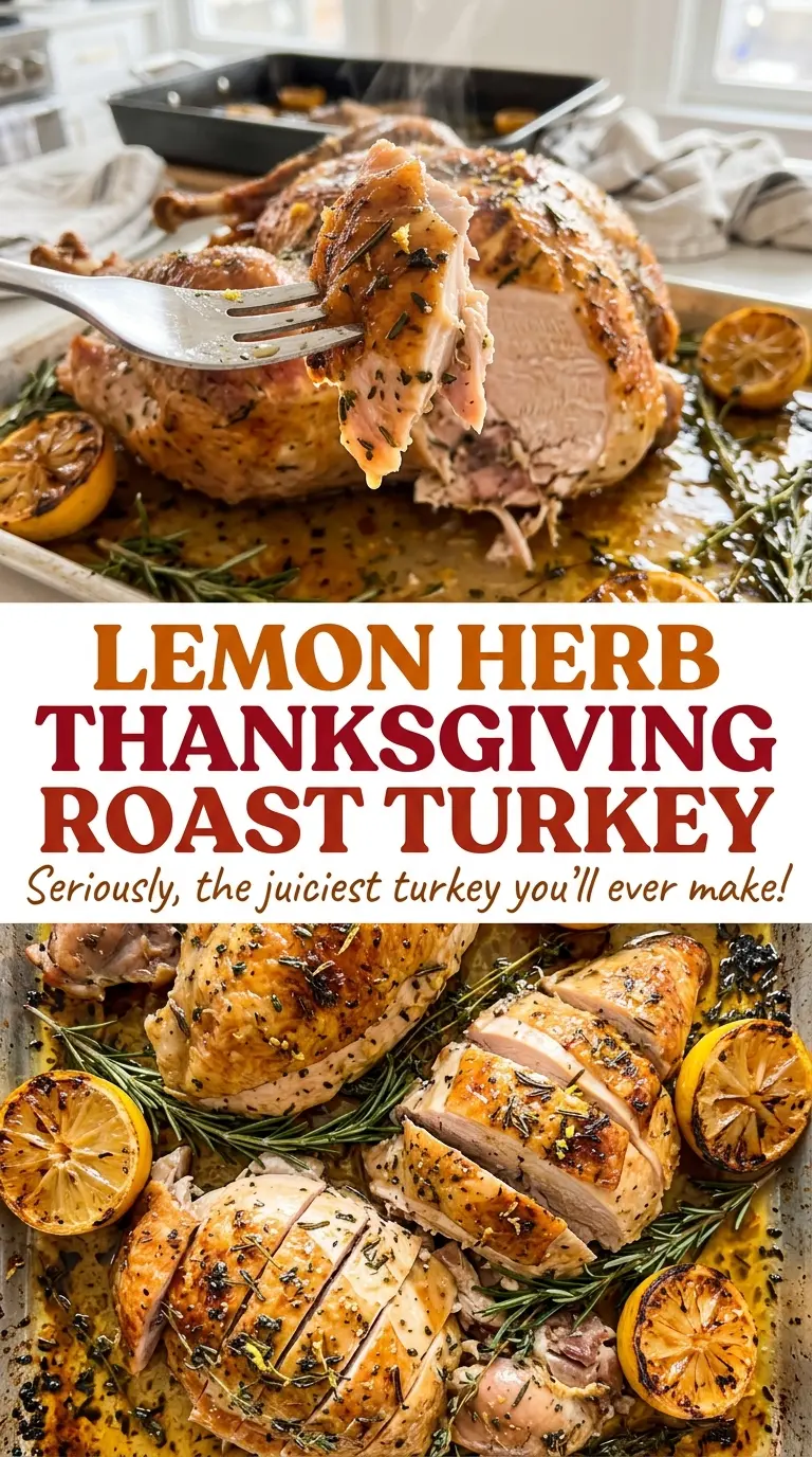 Lemon Herb Thanksgiving Roast Turkey with crisp herb-speckled skin