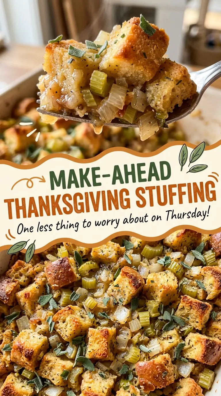 Make-Ahead Thanksgiving Stuffing golden crisp top