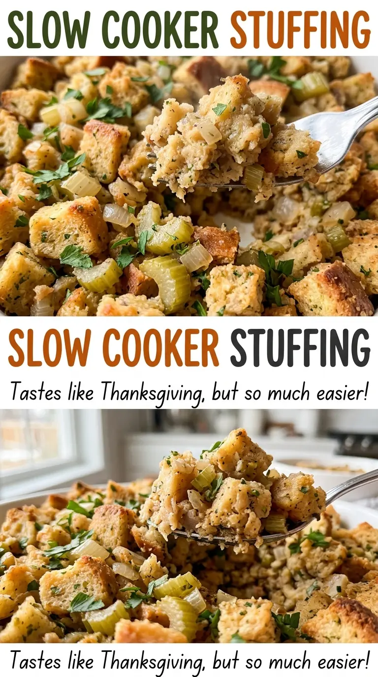 Slow Cooker Stuffing tender savory cubes