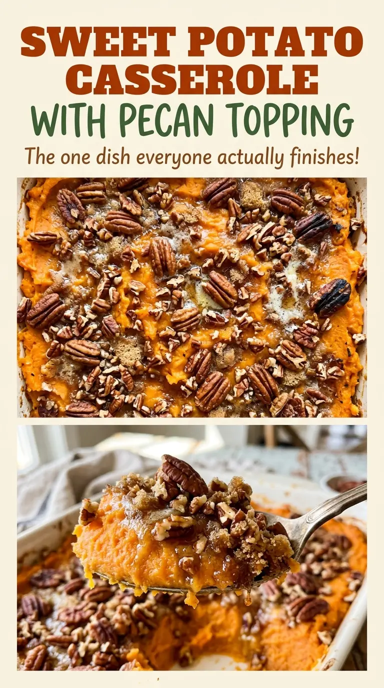 Sweet potato casserole with pecan topping, tender sweet potato filling