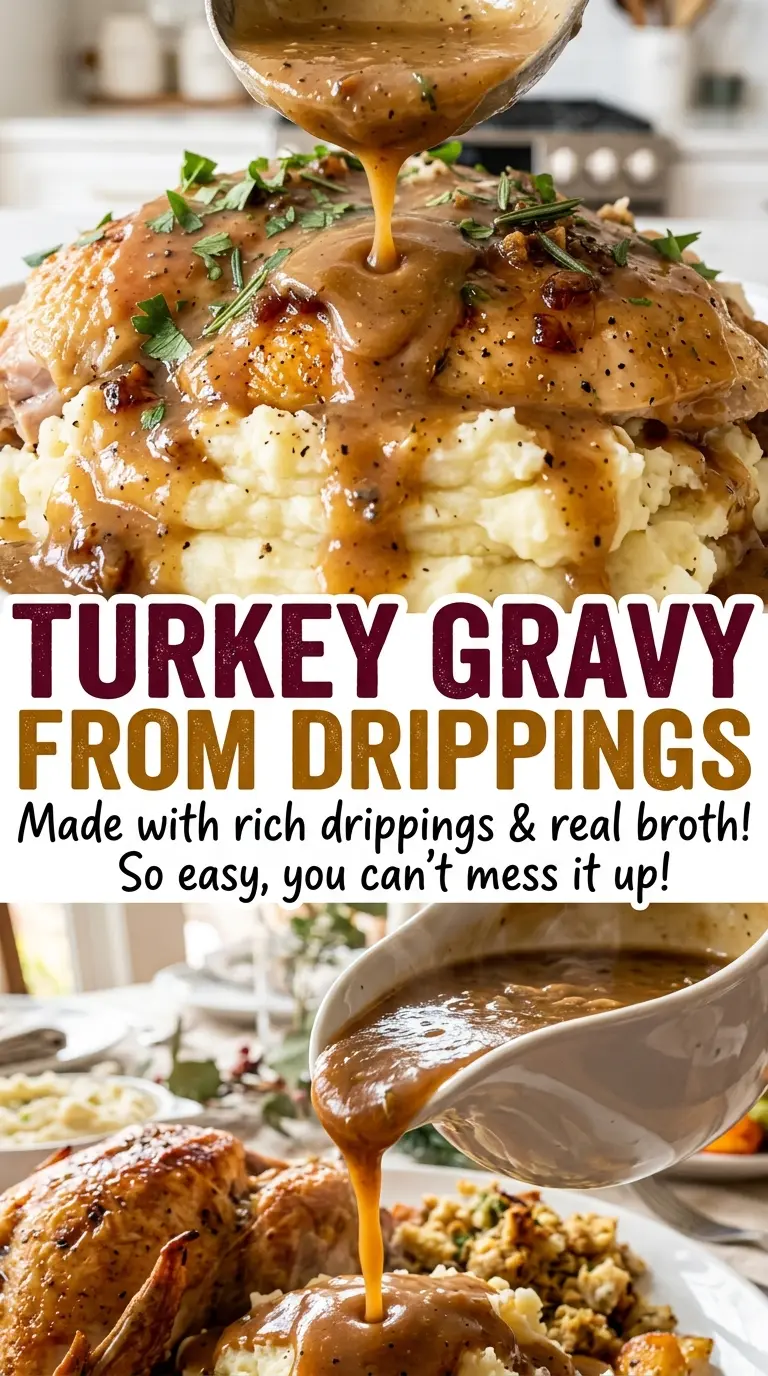 Turkey gravy from drippings, silky and savory